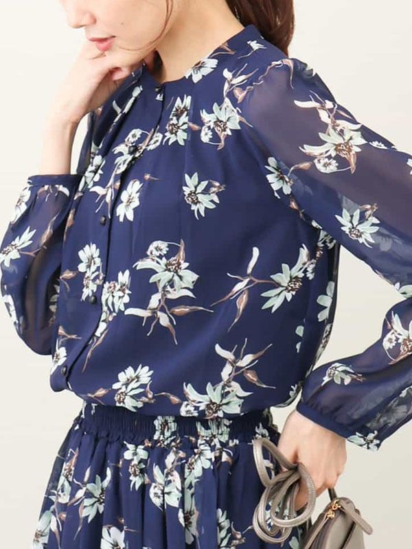 花卉圖騰雪紡襯衫[可機洗](海軍藍(57)/38)