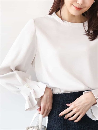 荷葉袖設計襯衫[防潑水/可機洗](淺灰色(91)/38)