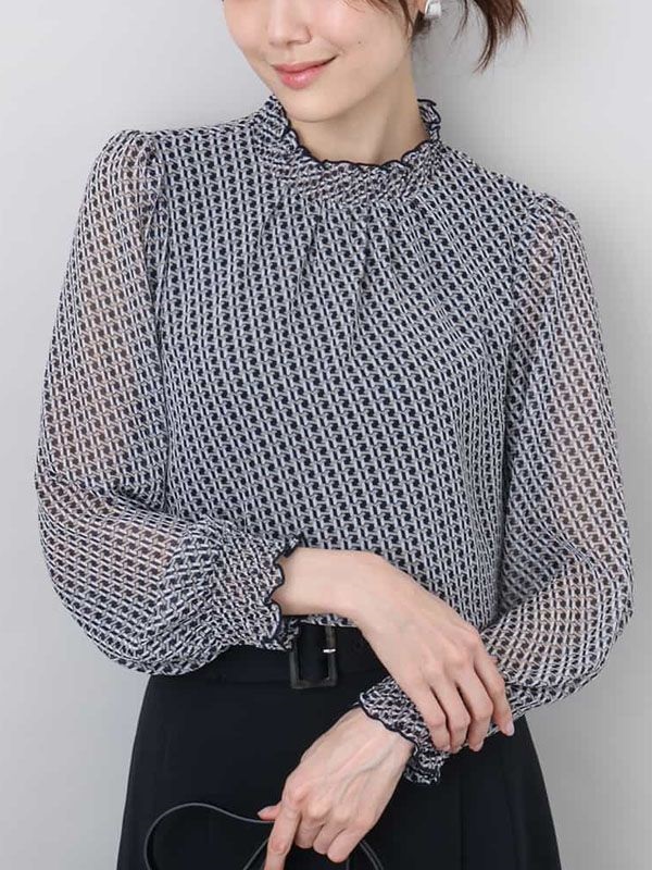 幾何雪紡立領襯衫[可機洗](海軍藍(57)/38)