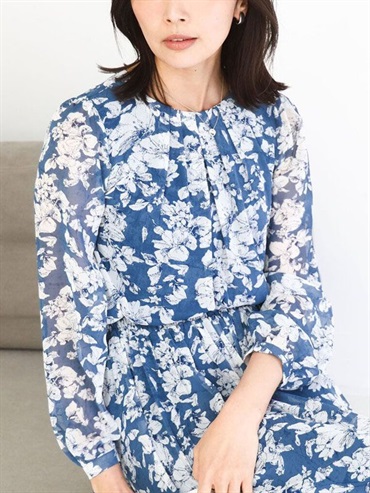 花卉圖案雪紡襯衫[可機洗](藍色(55)/38)