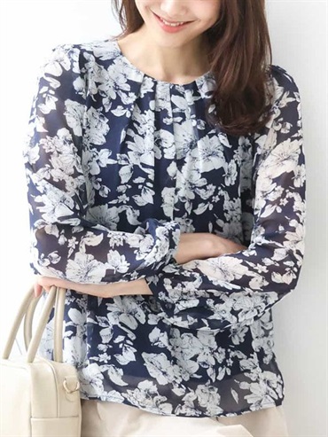 花卉圖案雪紡襯衫[可機洗](海軍藍(57)/38)