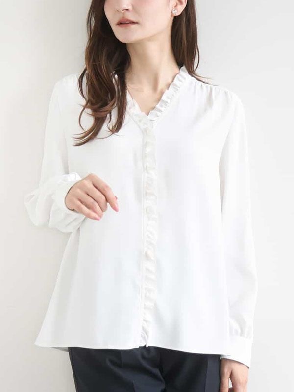 迷你荷葉邊V領襯衫[可機洗](白色(90)/38)