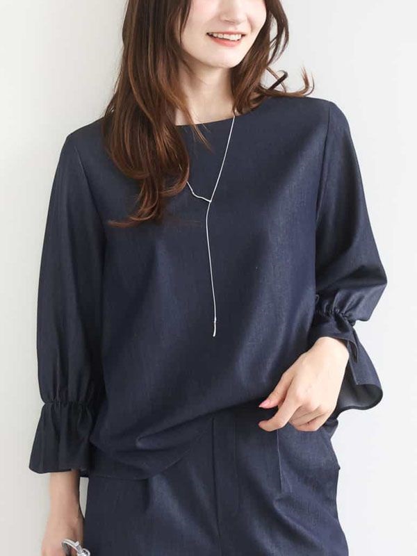 丹寧風糖果袖襯衫[機能性/可機洗](海軍藍(57)/38)