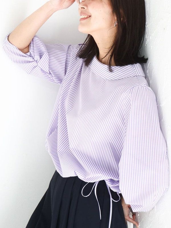 【條紋】捲領抓褶袖襯衫[涼感/可機洗](薰衣草紫(60)/38)