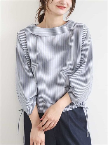 【條紋】捲領抓褶袖襯衫[涼感/可機洗]