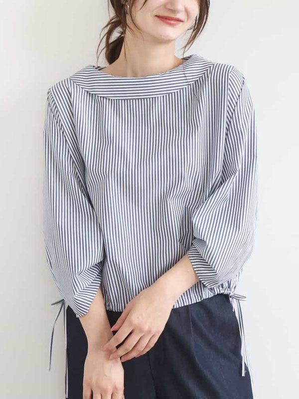 【條紋】捲領抓褶袖襯衫[涼感/可機洗]