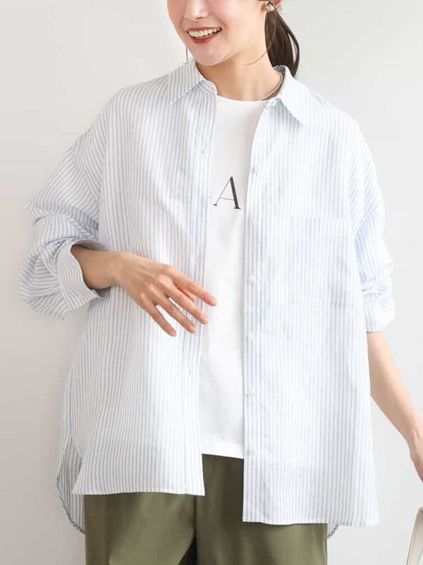 亞麻混紡條紋襯衫[涼感](白色X天藍色(50)/38)