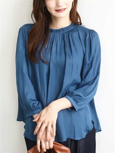 荷葉領細褶緞面襯衫[涼感](淺藍色(53)/38)