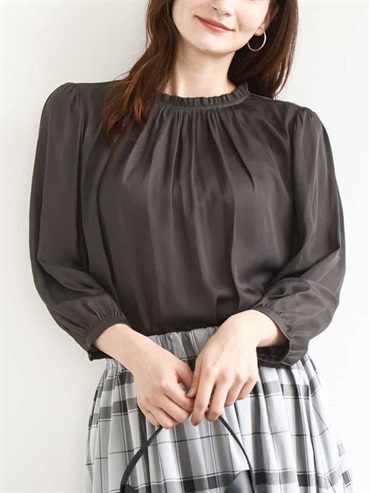 荷葉領細褶緞面襯衫[涼感](深灰色(93)/38)
