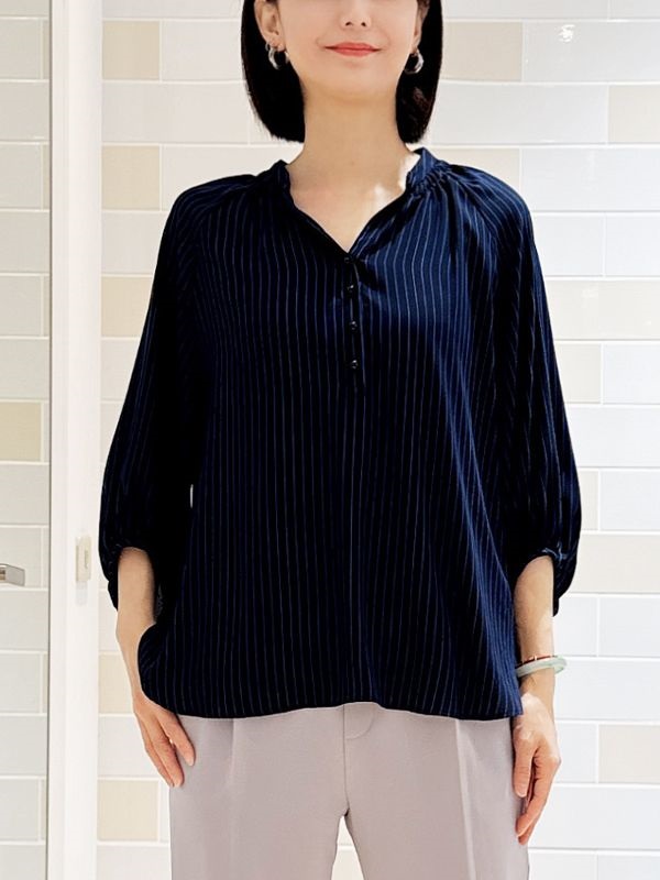 V領條紋上衣(深藍色(58)/38)