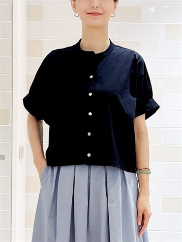 立領褶袖襯衫[可機洗](深藍色(58)/38)