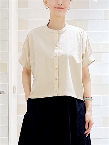 立領褶袖襯衫[可機洗](米色(82)/38)