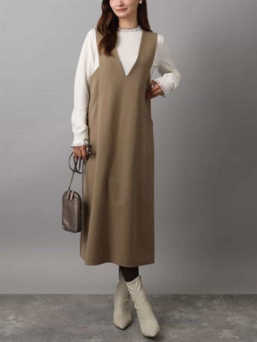 仿羊毛質感V領吊帶裙(駝色(83)/38)