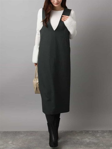 仿羊毛質感V領吊帶裙(深灰色(93)/38)