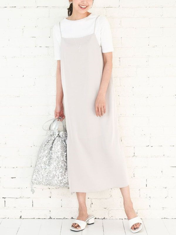 細肩帶緞面洋裝[可機洗](米色(82)/38)