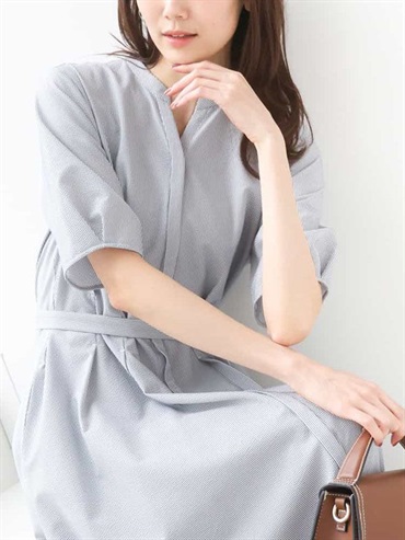 條紋腰摺洋裝[泡泡紗]