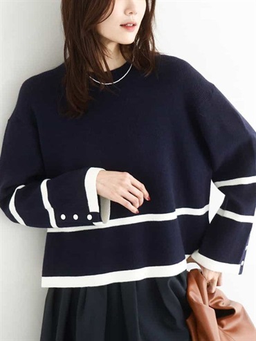 配色線條針織衫[片畦編織](海軍藍(57)/38)