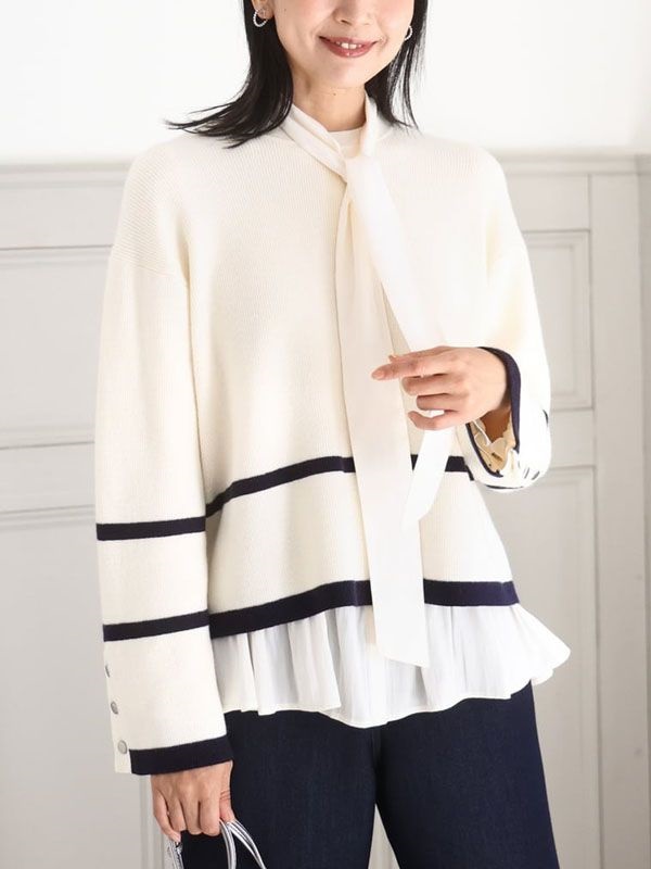 配色線條針織衫[片畦編織](米白色(80)/38)