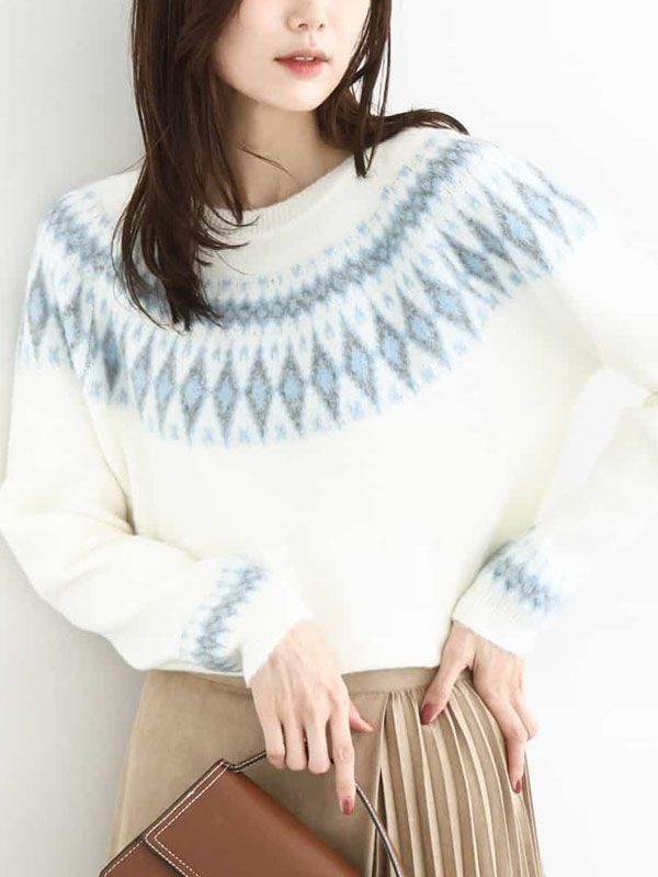 北歐風圖案針織衫(米白色(80)/38)