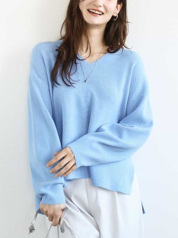 V領針織衫[片畦編織](天藍色(50)/38)