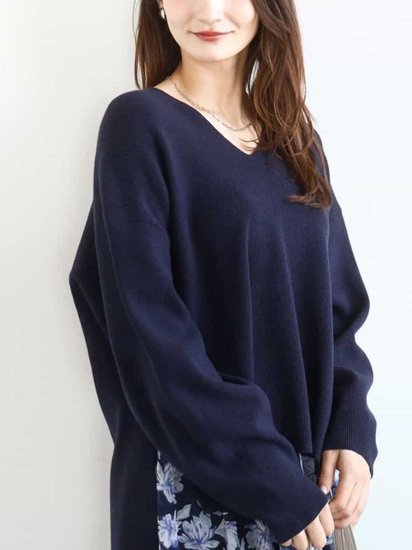V領針織衫[片畦編織](海軍藍(57)/38)