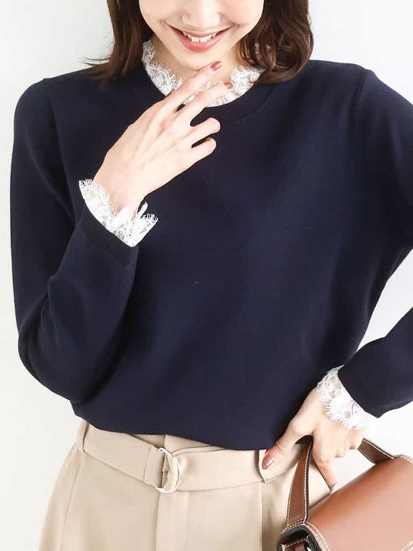 蕾絲設計合身針織衫