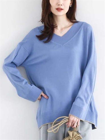 配色滾邊V領針織衫(天藍色(50)/38)