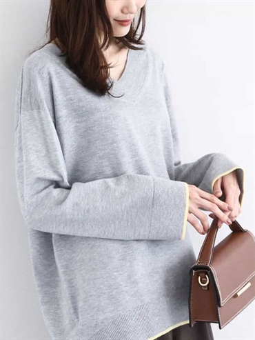 配色滾邊V領針織衫(灰色(92)/38)