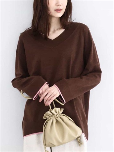 配色滾邊V領針織衫