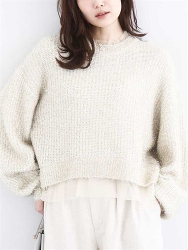 迷你荷葉拼接亮絲針織上衣(米白色(80)/38)