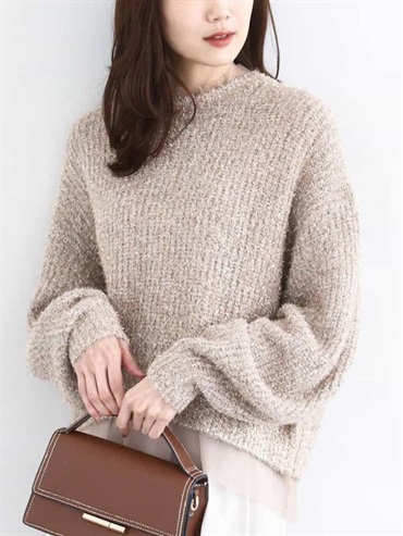 迷你荷葉拼接亮絲針織上衣