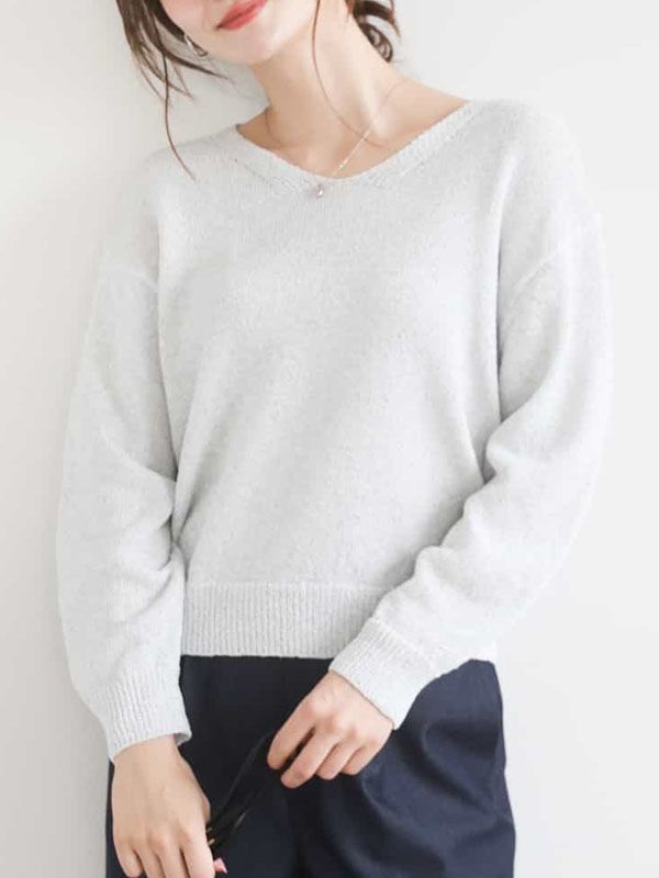 亮絲V領針織衫[結子紗](白色(90)/38)