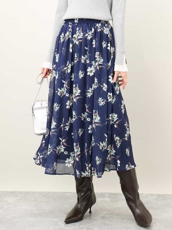 花卉圖騰雪紡裙[可機洗](海軍藍(57)/38)