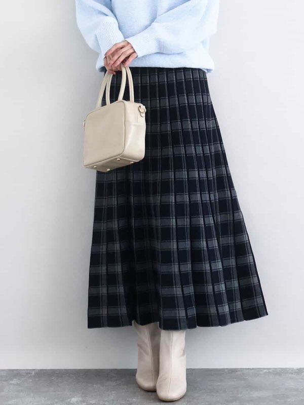 格紋百褶針織裙(海軍藍(57)/38)