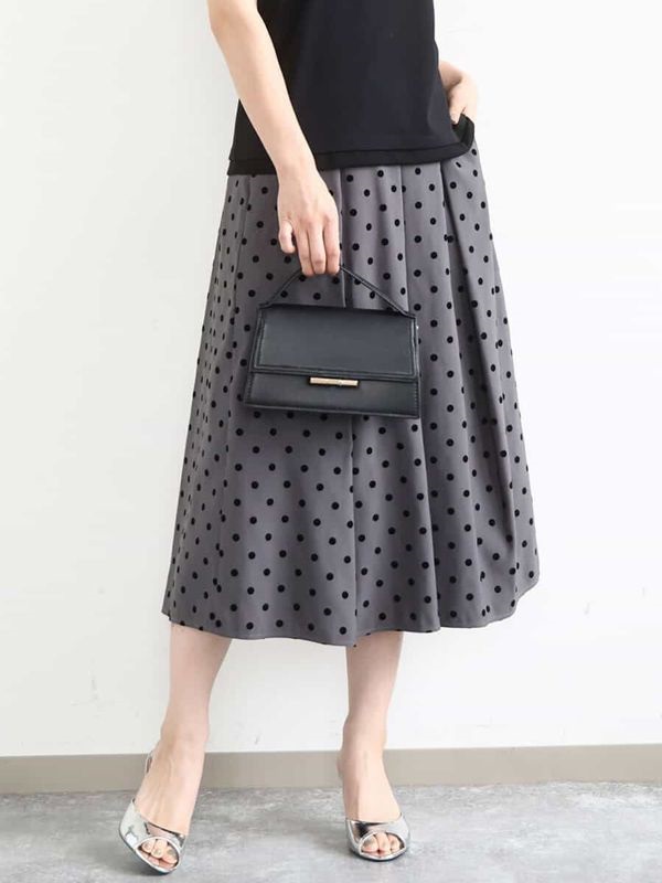 植絨圓點壓褶裙(灰色(92)/38)