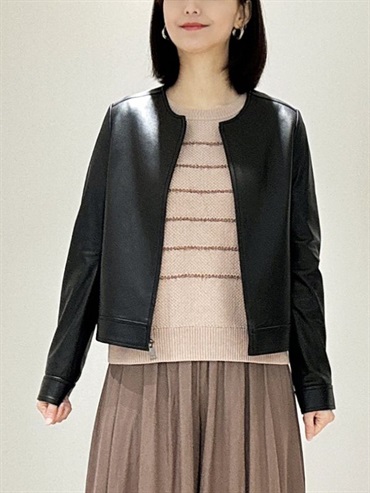 真皮圓領拉鍊短外套(黑色(94)/38)