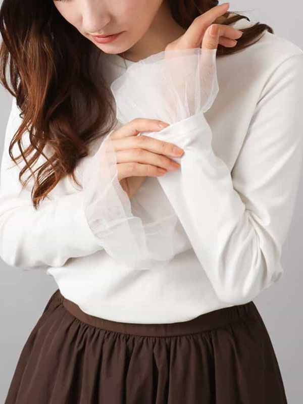 薄紗袖口內搭上衣[可機洗](米白色(80)/38)