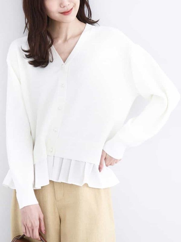 荷葉拼接V領針織開襟衫(白色(90)/38)