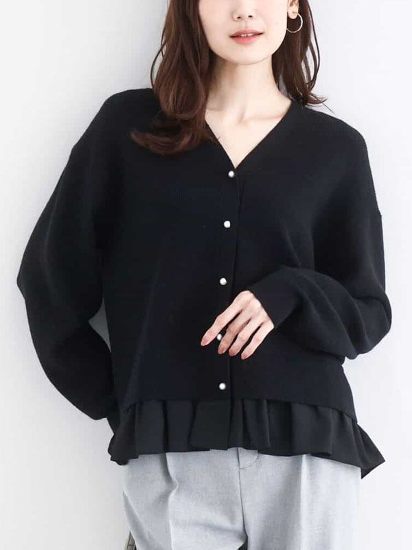 荷葉拼接V領針織開襟衫(黑色(94)/38)