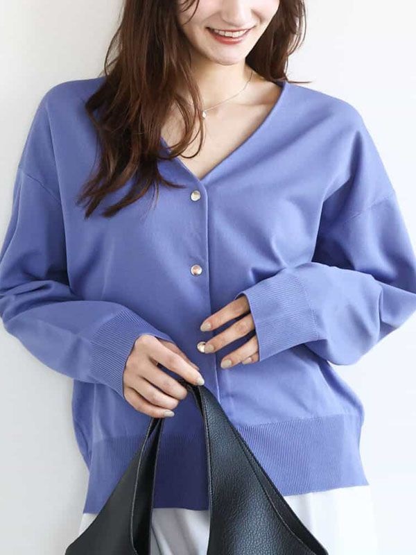 圓型釦V領針織開襟衫[素色/條紋](淺藍紫色(63)/38)