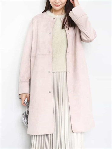 仿麂皮無領長版大衣(淺粉紅色(01)/38)