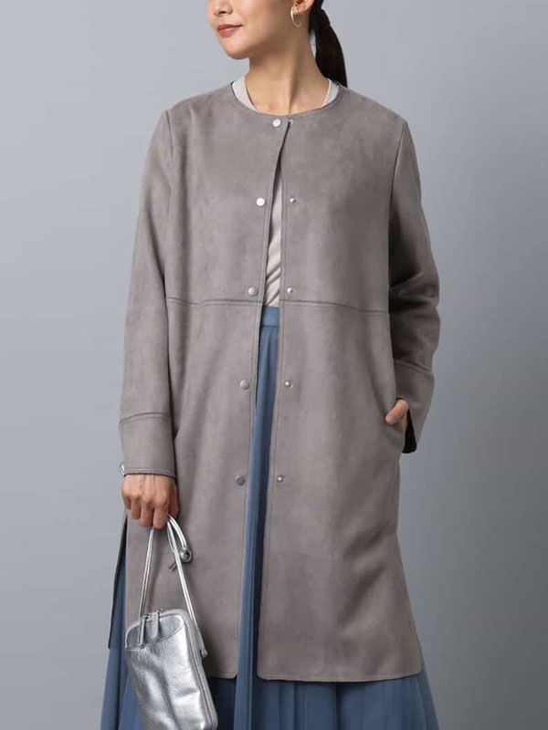仿麂皮無領長版大衣(灰色(92)/38)