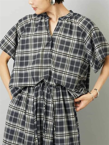 細褶設計透膚格紋襯衫[成套搭配](黑色(94)/38)