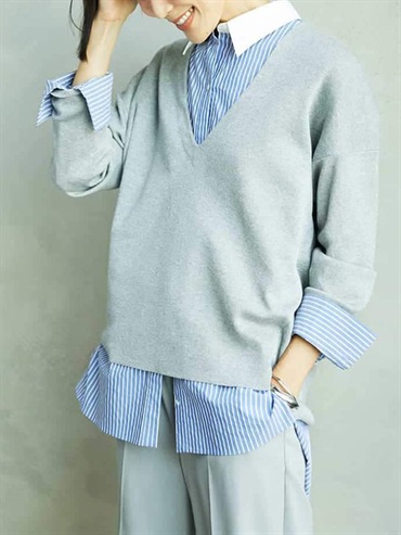 撞色領條紋寬版襯衫[2WAY](藍色(55)/38)