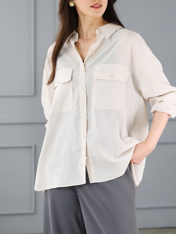 透膚斜紋寬版襯衫(米白色(81)/38)