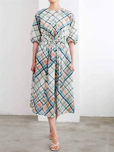 格紋抓皺洋裝[原創印花]