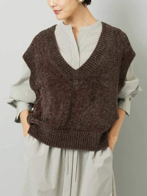 羽毛感V領針織背心(棕色(87)/38)