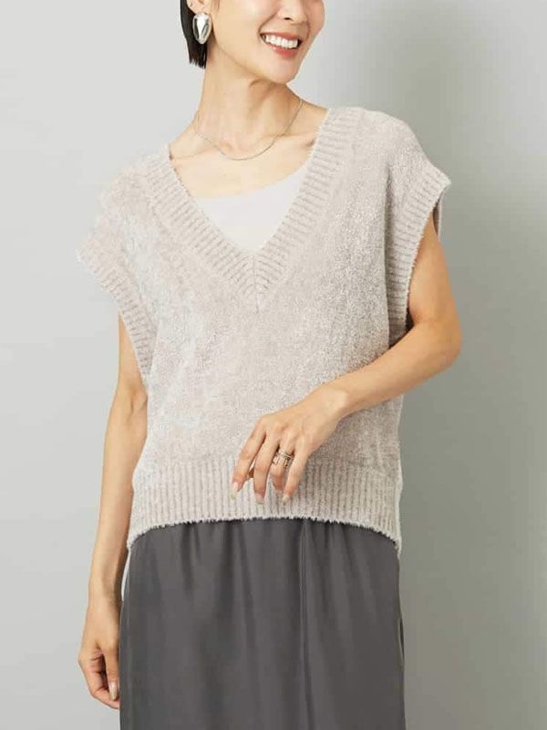 羽毛感V領針織背心(淺灰色(91)/38)