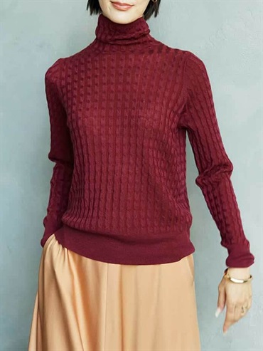 透膚亮絲麻花高領針織衫(酒紅色(77)/38)