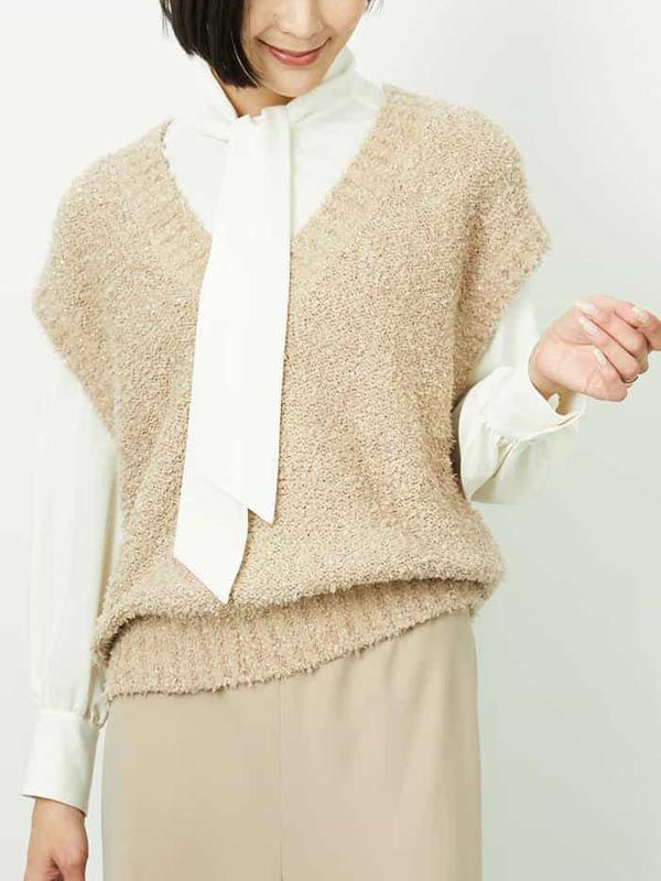 仿粗花呢V領背心(米色(82)/38)